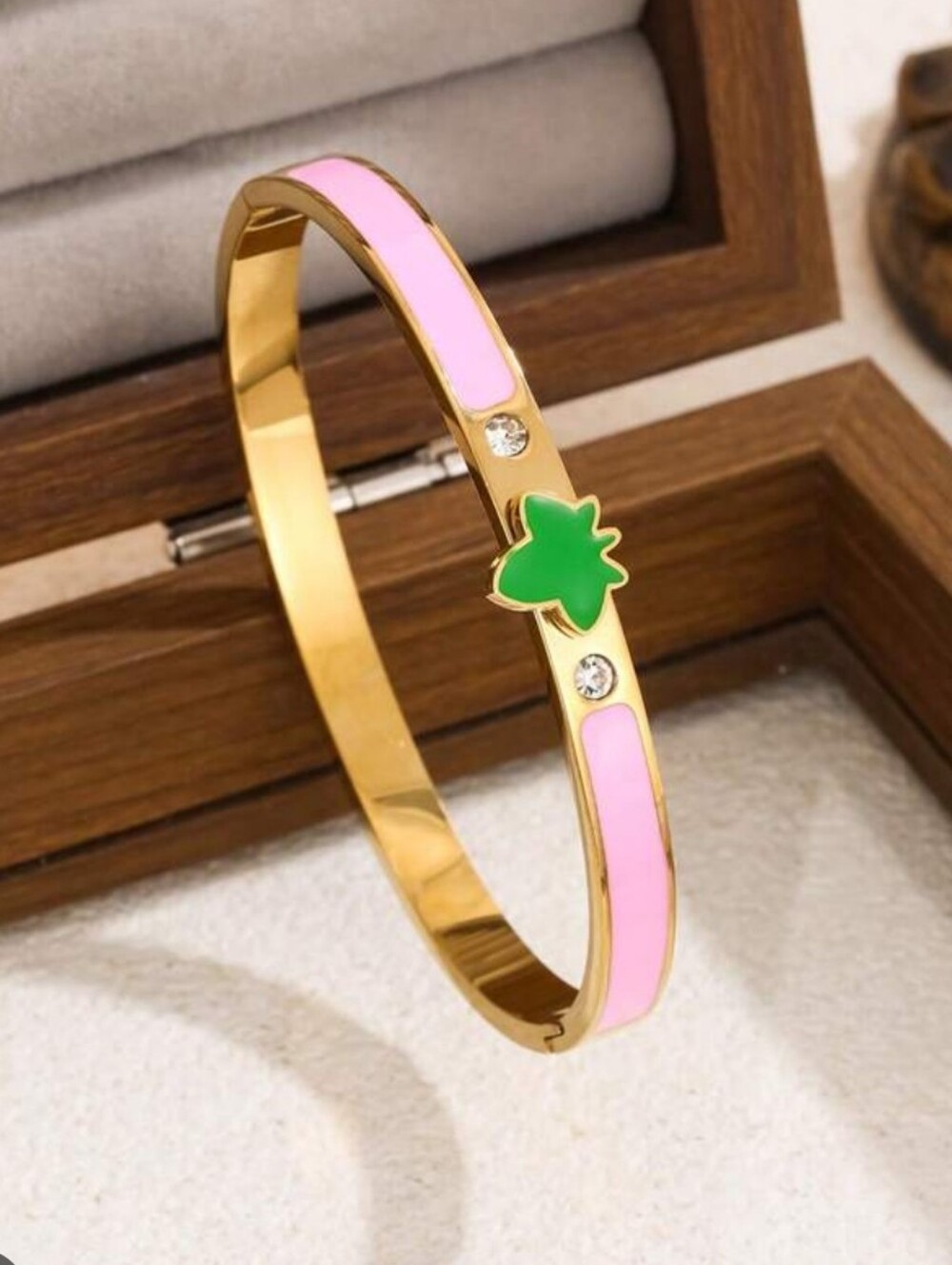 Pink And Green Enamel Bracelet. Stainless Steel. Hinge Close